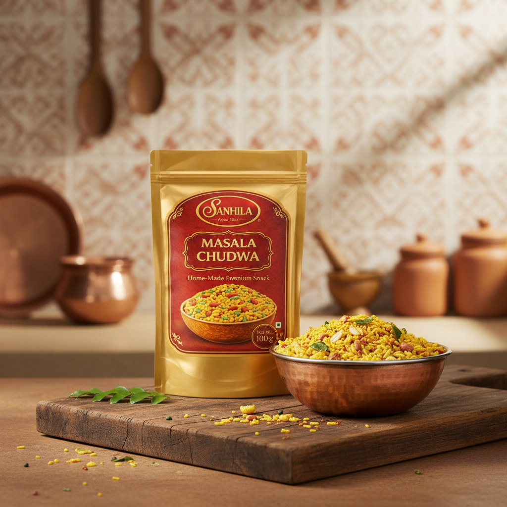 Masala Chudwa with Bowl in Traditional Kitchen